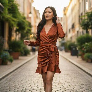 Veronica Beard Agatha Dress 00 | 92% Silk | Cognac Satin | Wrap Ruched NWT